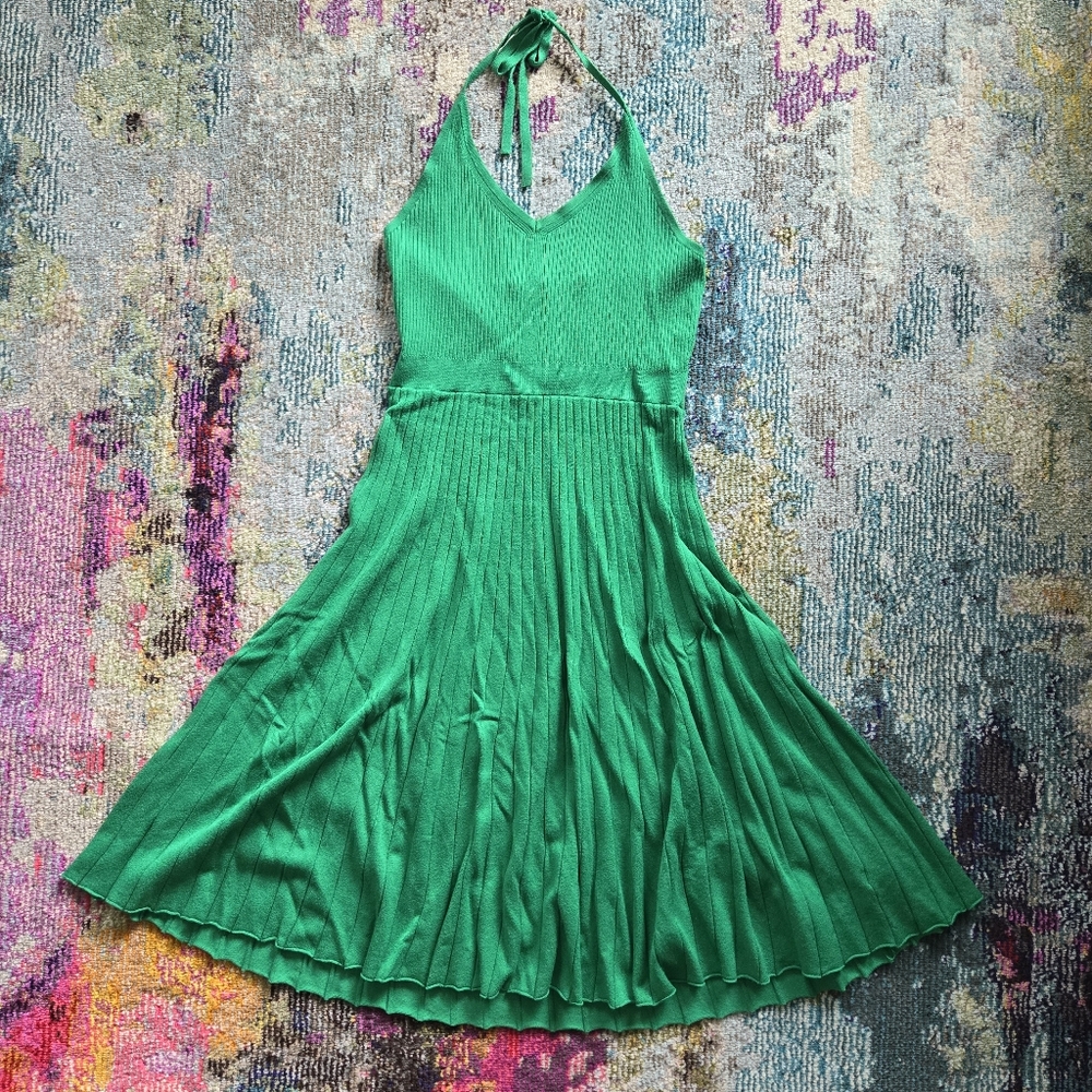 A New Day Green Knit Midi Fit And Flare Halter Tie Dress